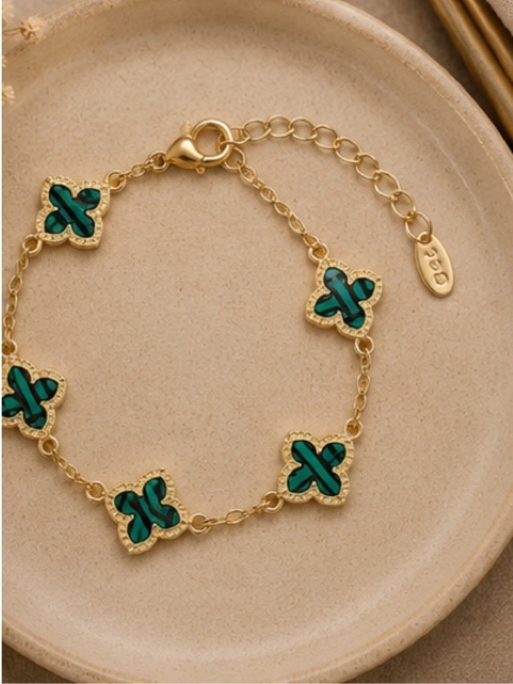 Designer Inspired Green Striped Clover Station Bracelet in Gold Tone